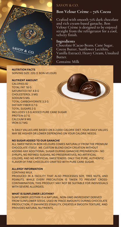Bon Velour Crème – 72% Dark Chocolate - Made Fresh To Order